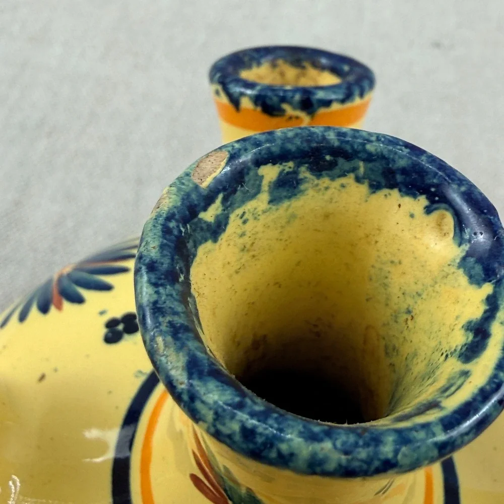 Vintage HenRiot Quimper France 5-Finger Tulip Vase Yellow Floral Quintal‎